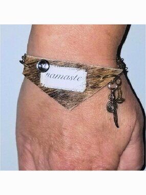 Namaste Leather Bracelet Chain Link Inspirational Jewelry Feather Swirl Charms